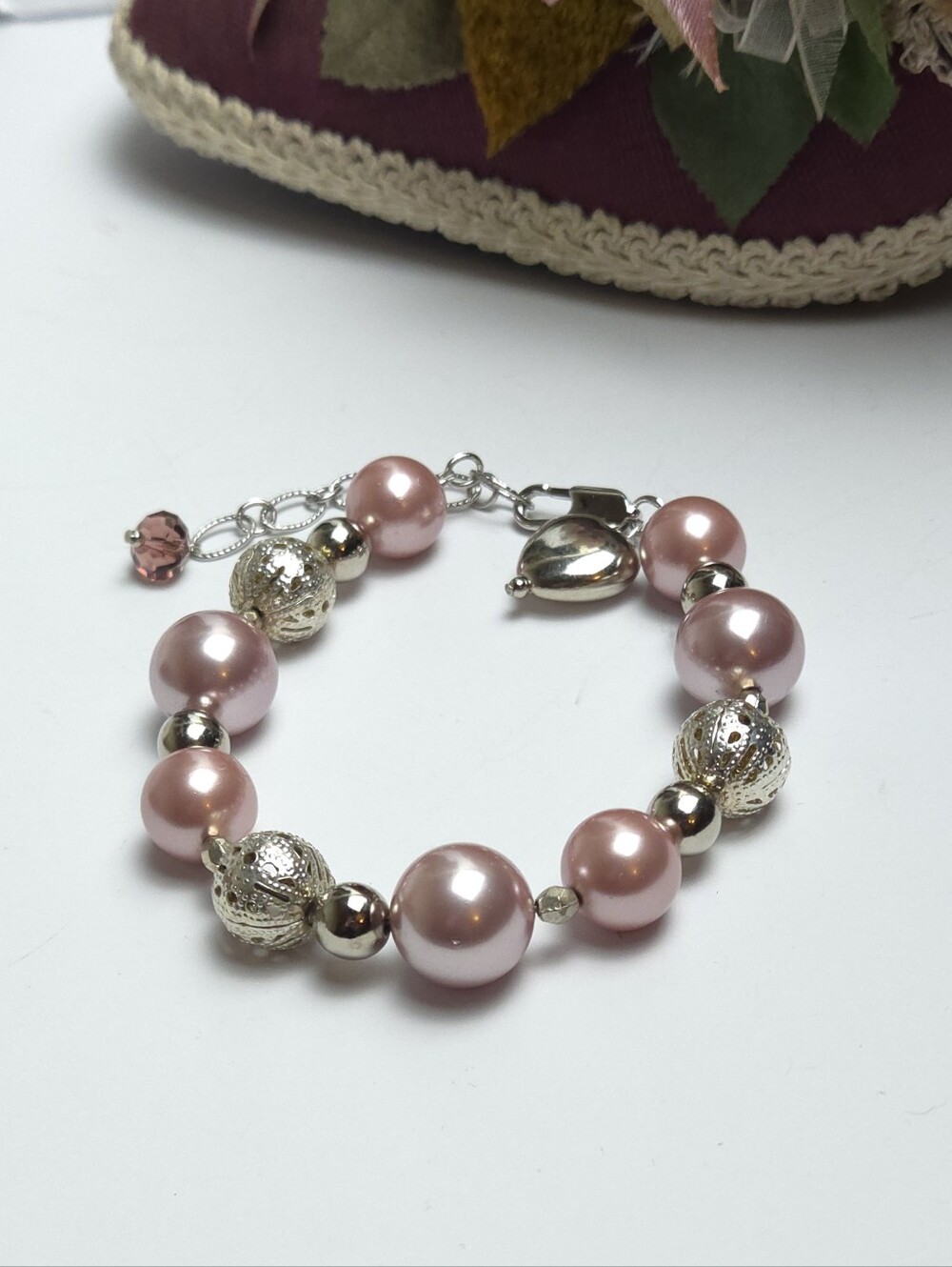 Handmade Pinkish Purple & Silver Filligree Beaded Bracelet Adjustable Size 8-10"